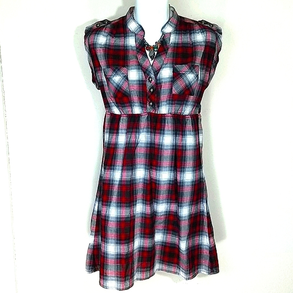 Speechless Plaid Dress Red Black White Cotton Mini Pockets Coastal Cowgirl EUC